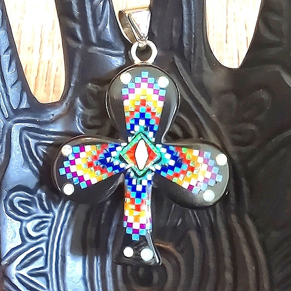 Native American Jewelry - Galaxy Native American Inlay Natural Gemstone Sterling Silver Pendant